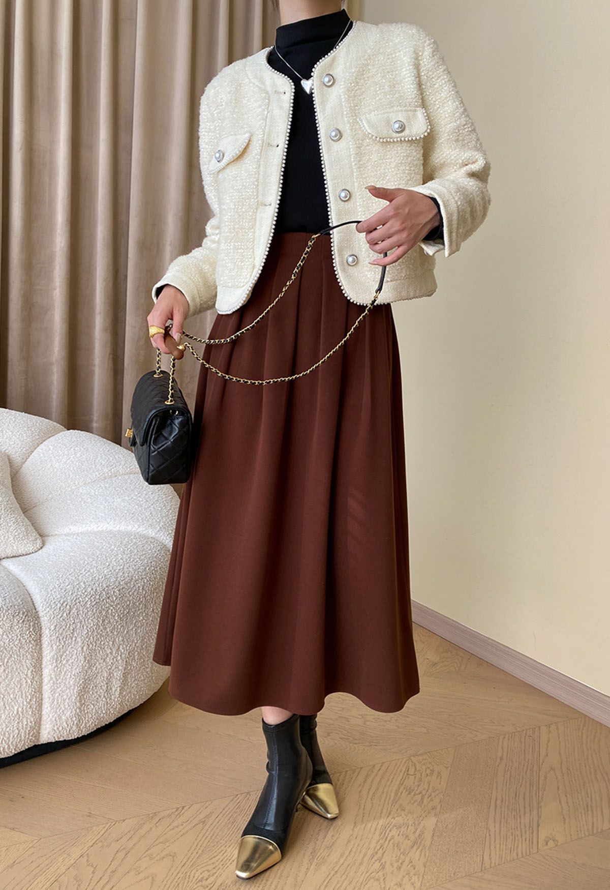 Solid Color Wool-Blend Pleated Midi Skirt in Caramel