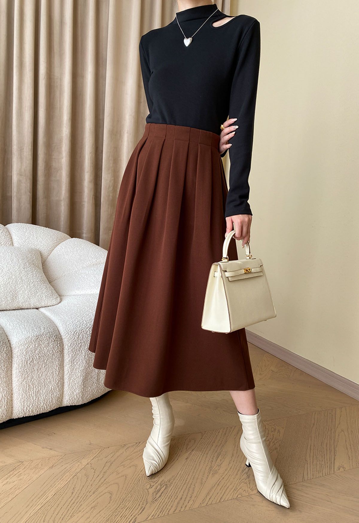 Solid Color Wool-Blend Pleated Midi Skirt in Caramel