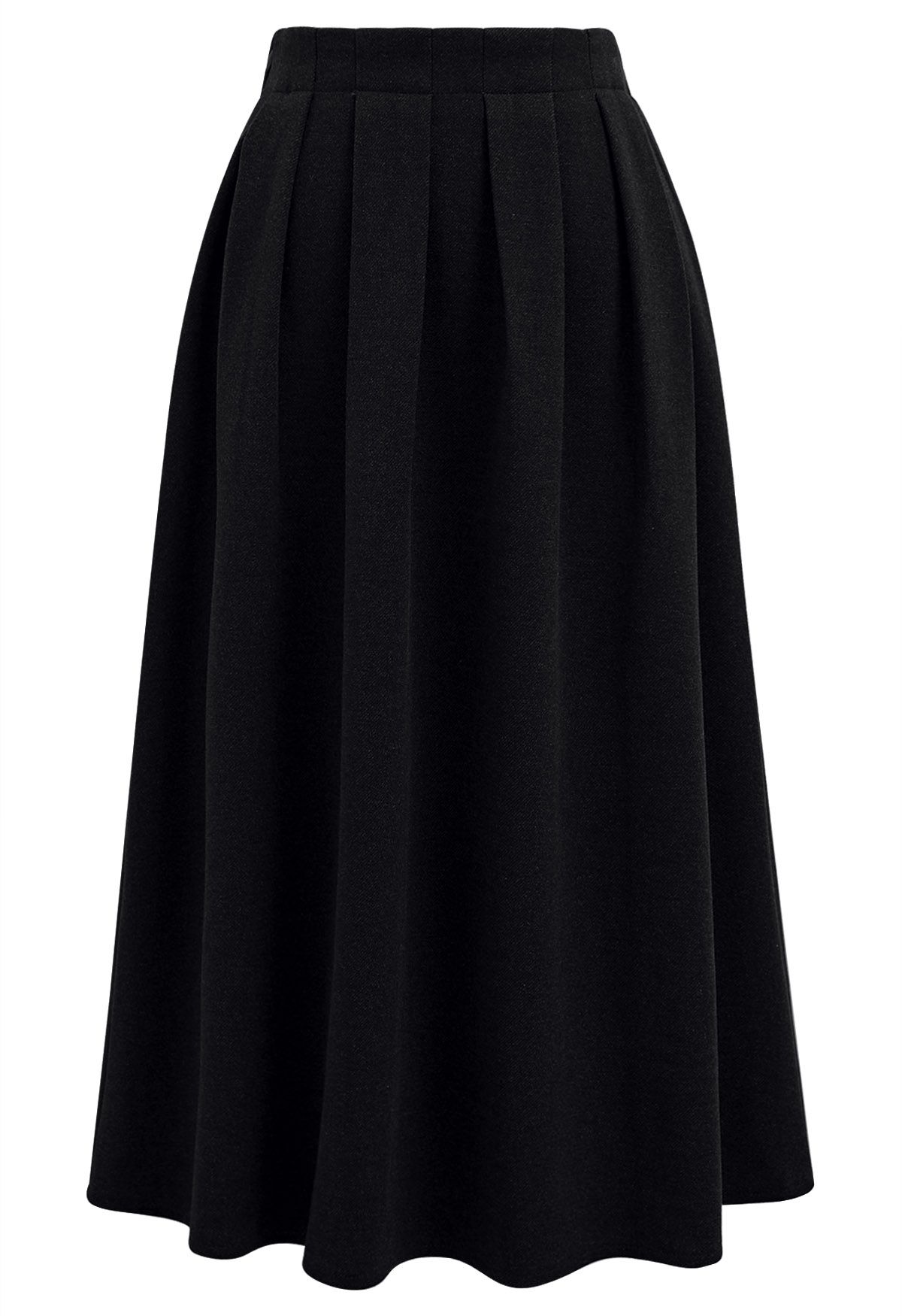 Solid Color Wool-Blend Pleated Midi Skirt in Black