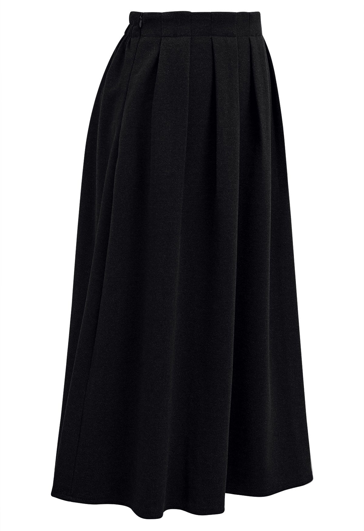 Solid Color Wool-Blend Pleated Midi Skirt in Black