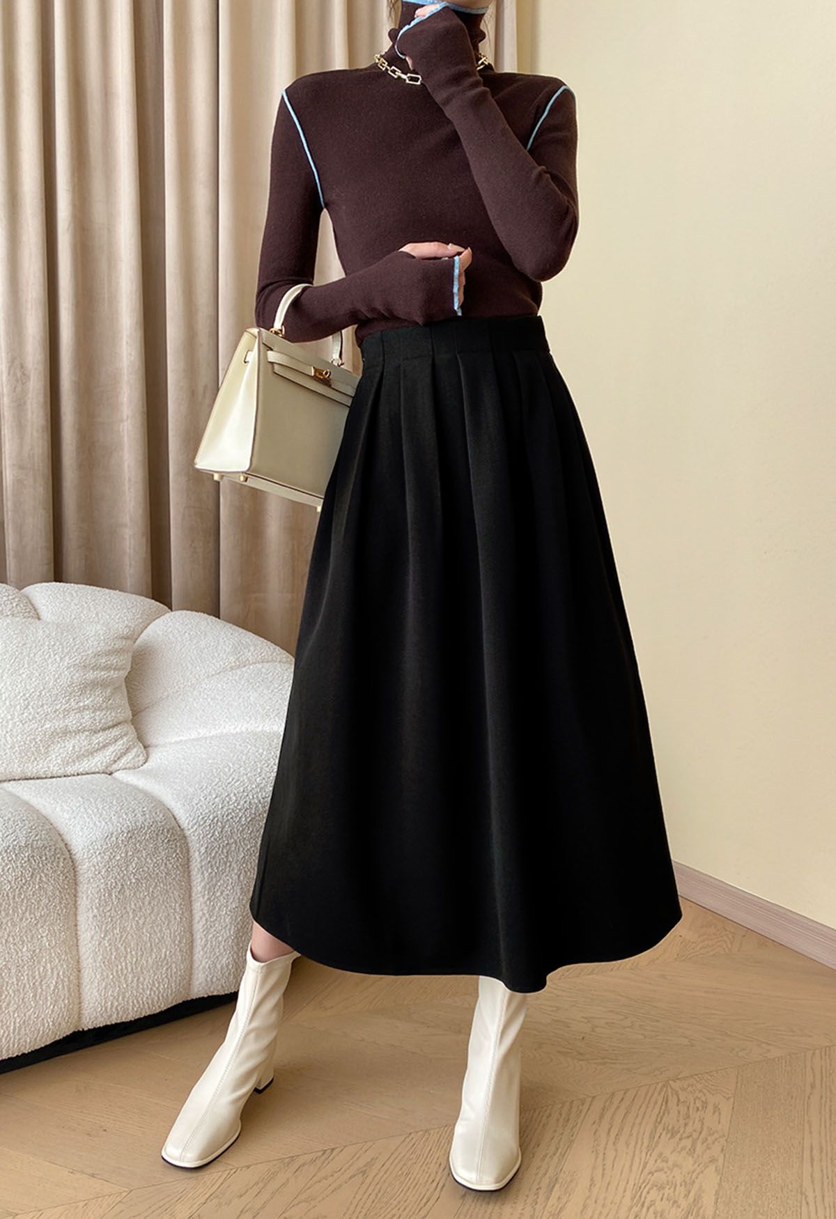 Solid Color Wool-Blend Pleated Midi Skirt in Black