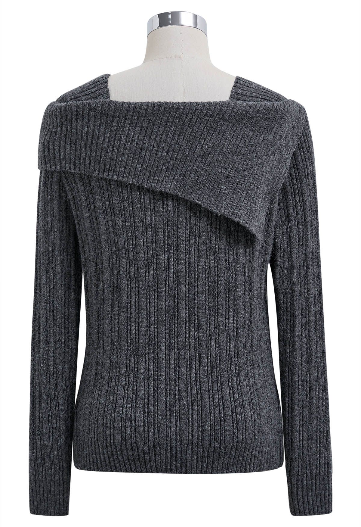 Asymmetric Flap Ribbed Knit Sweater in Smoke