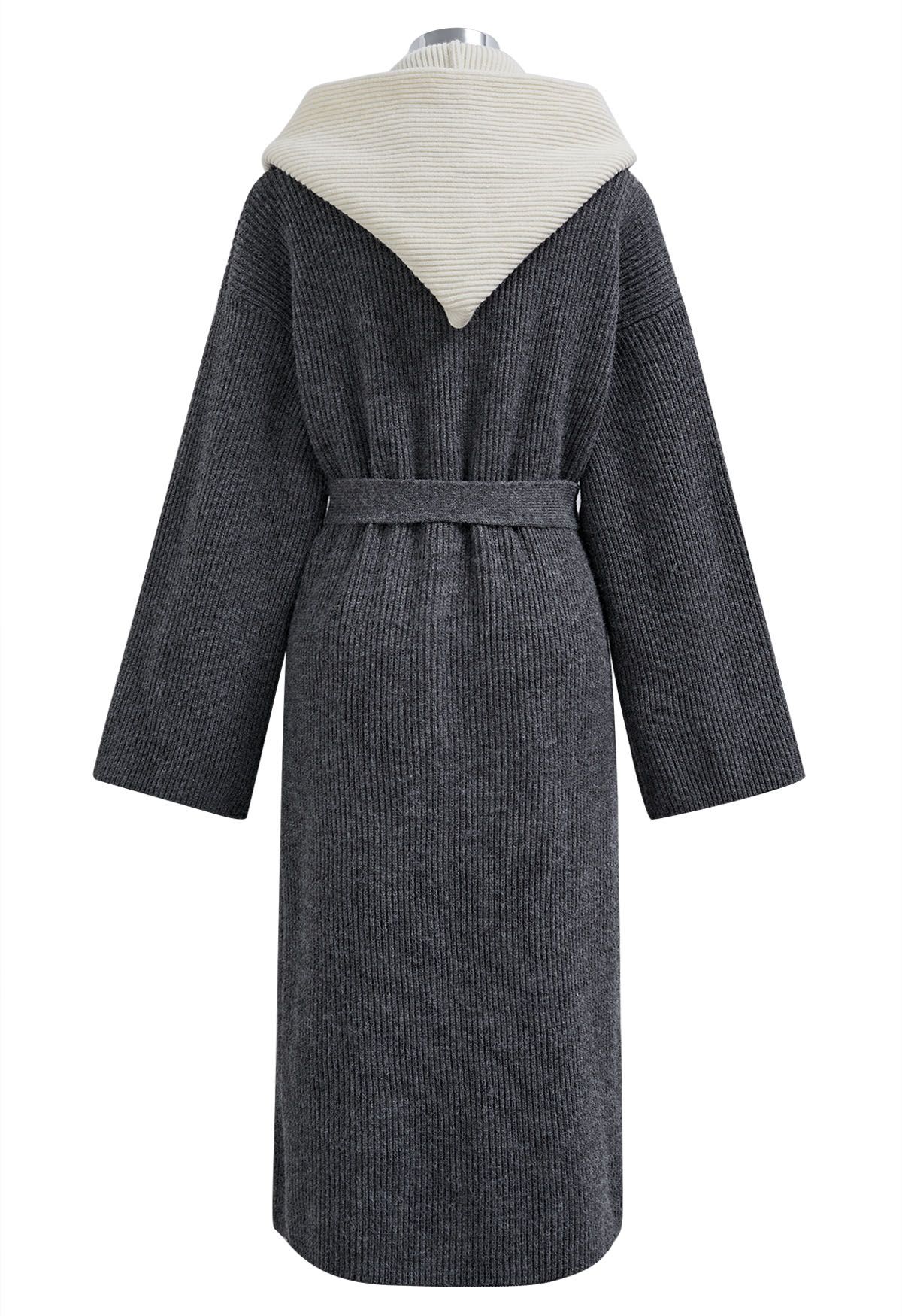 Contrast Fake Two-Piece Hooded Longline Coat in Grey