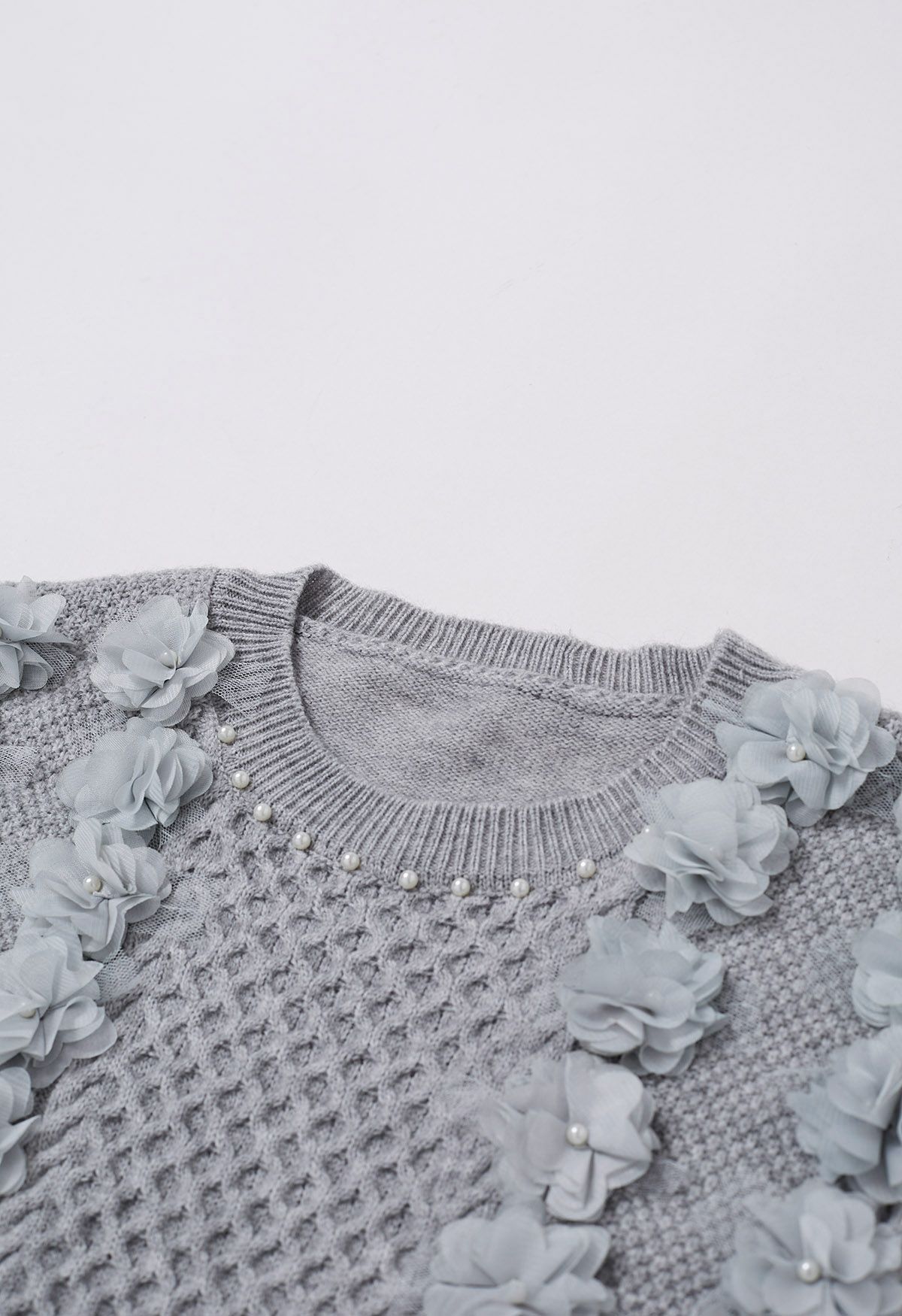 3D Flower Pearly Knit Sweater in Grey