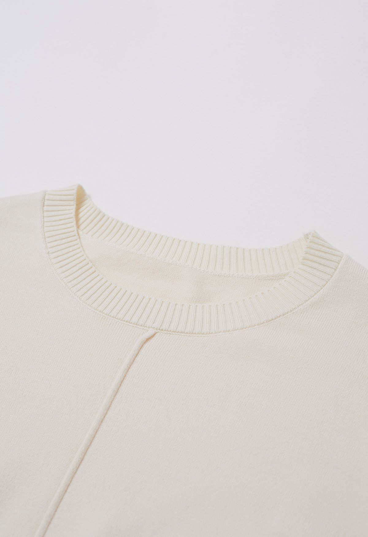 Tie-String Cuffs Spliced Cotton Hem Knit Top in Cream
