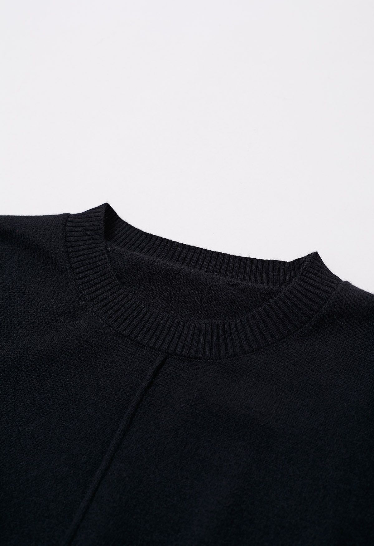 Tie-String Cuffs Spliced Cotton Hem Knit Top in Black