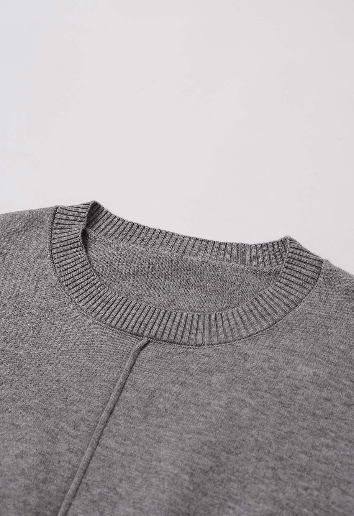 Tie-String Cuffs Spliced Cotton Hem Knit Top in Grey