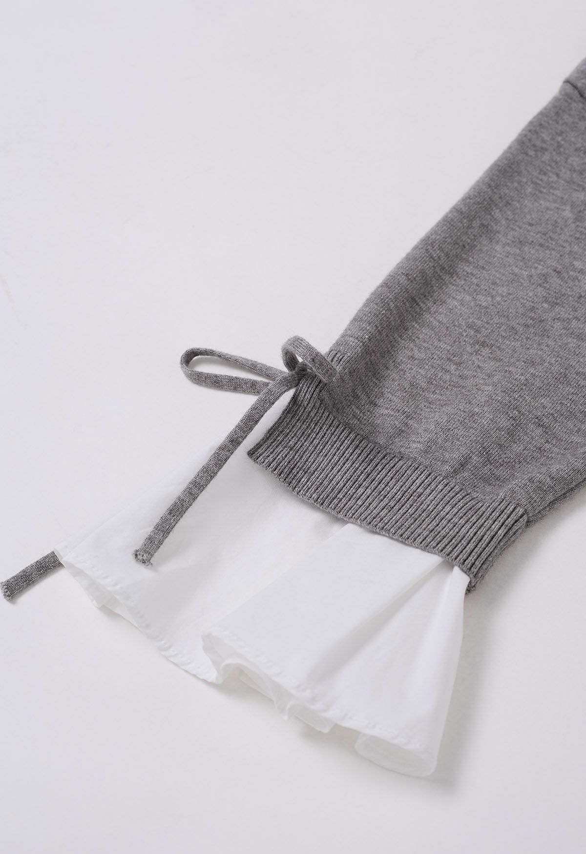 Tie-String Cuffs Spliced Cotton Hem Knit Top in Grey