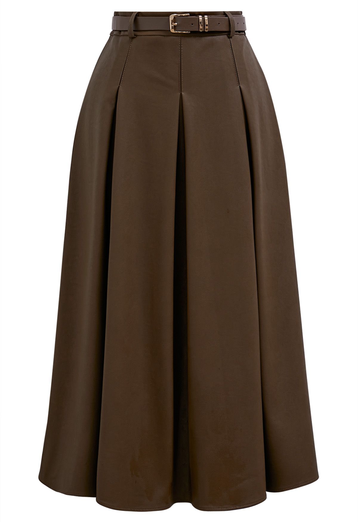 Faux Leather Pleated Belted Midi Skirt in Khaki