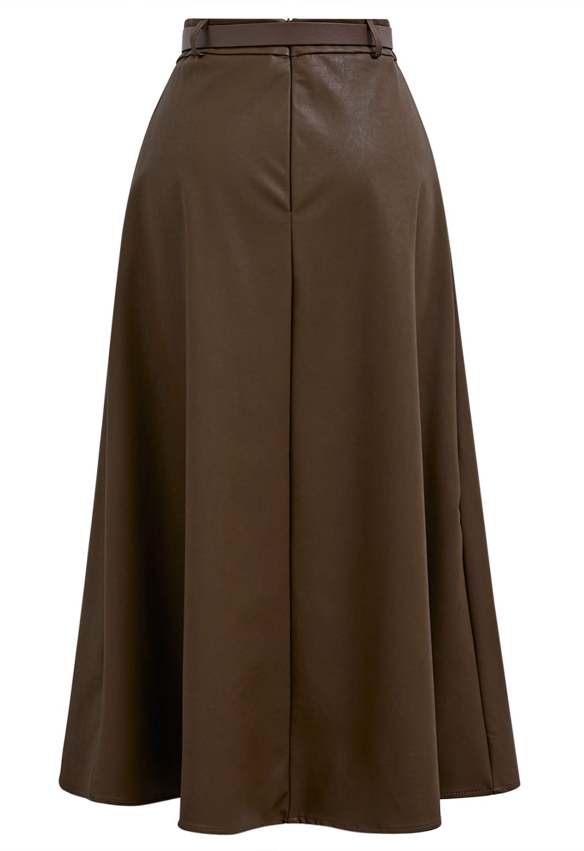 Faux Leather Pleated Belted Midi Skirt in Khaki