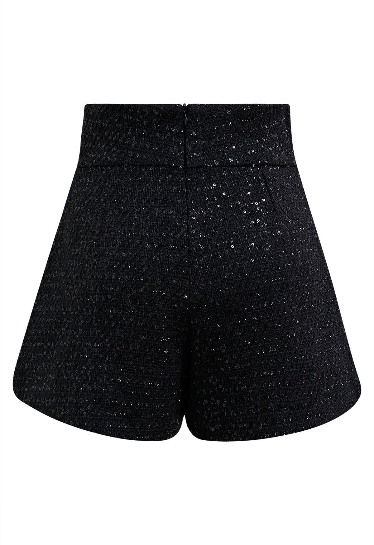 Heart Button Sequin Embellished Tweed Shorts in Black