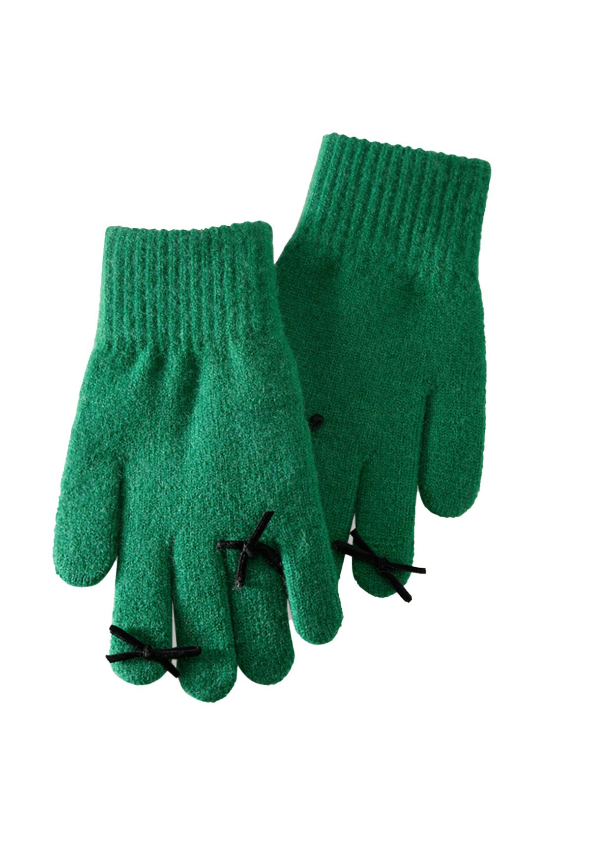 Bowknot Decor Fingerhole Knit Gloves in Green