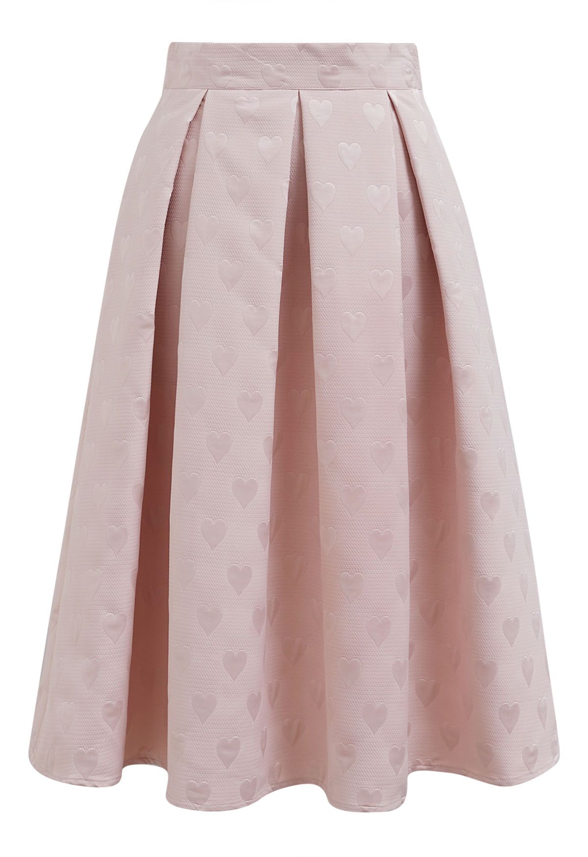 Embossed Heart Jacquard Pleated Flare Midi Skirt in Light Pink