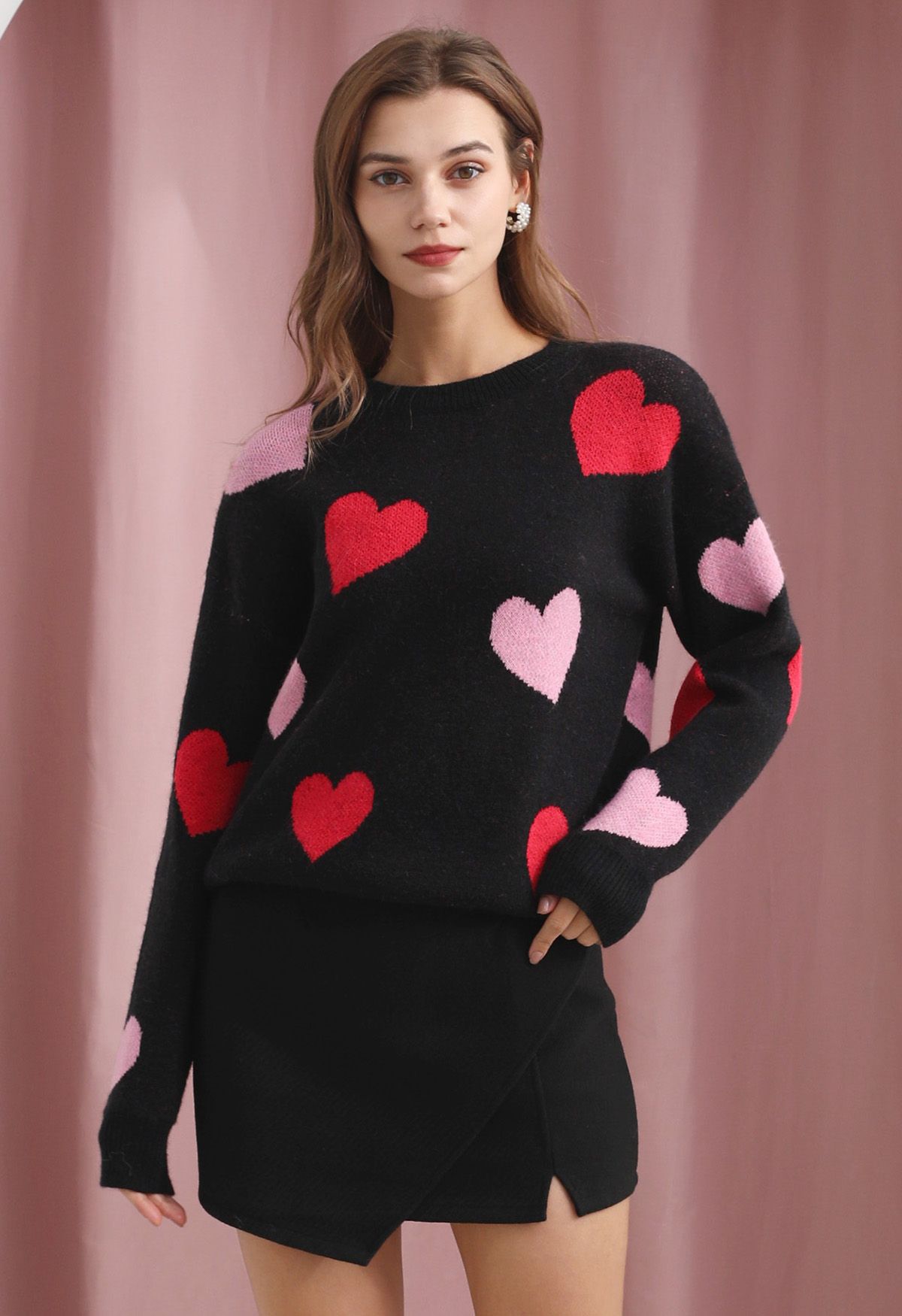 Cozy Love Heart Pattern Knit Sweater