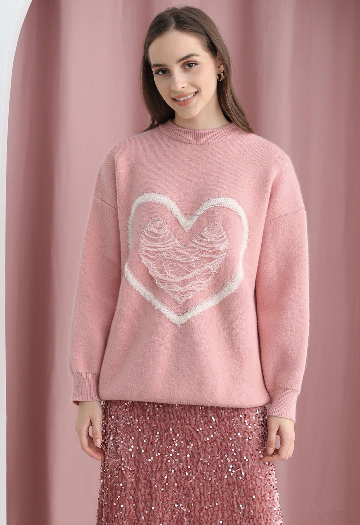 Ripped Heart Snug Knit Sweater in Pink