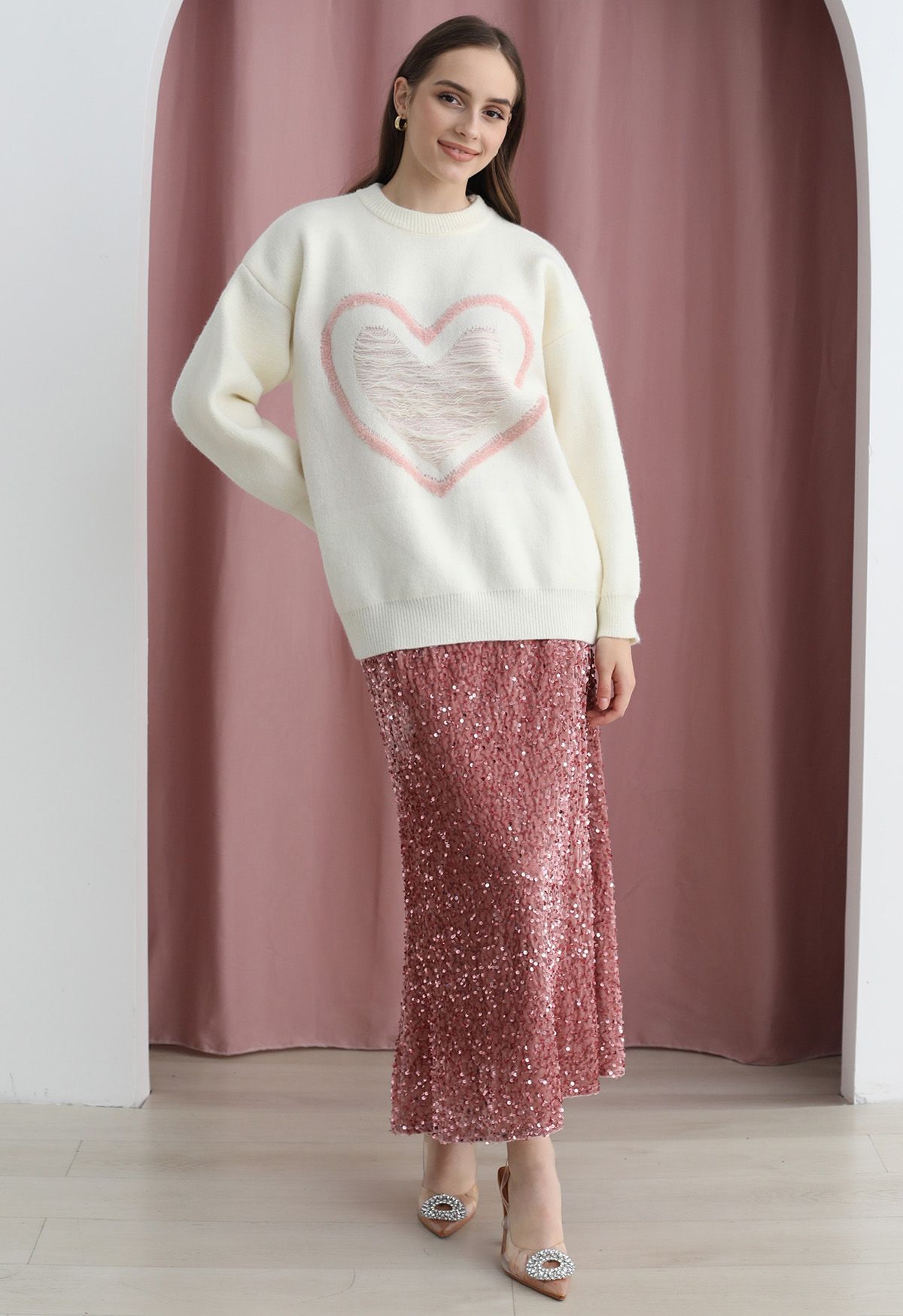 Ripped Heart Snug Knit Sweater in Ivory