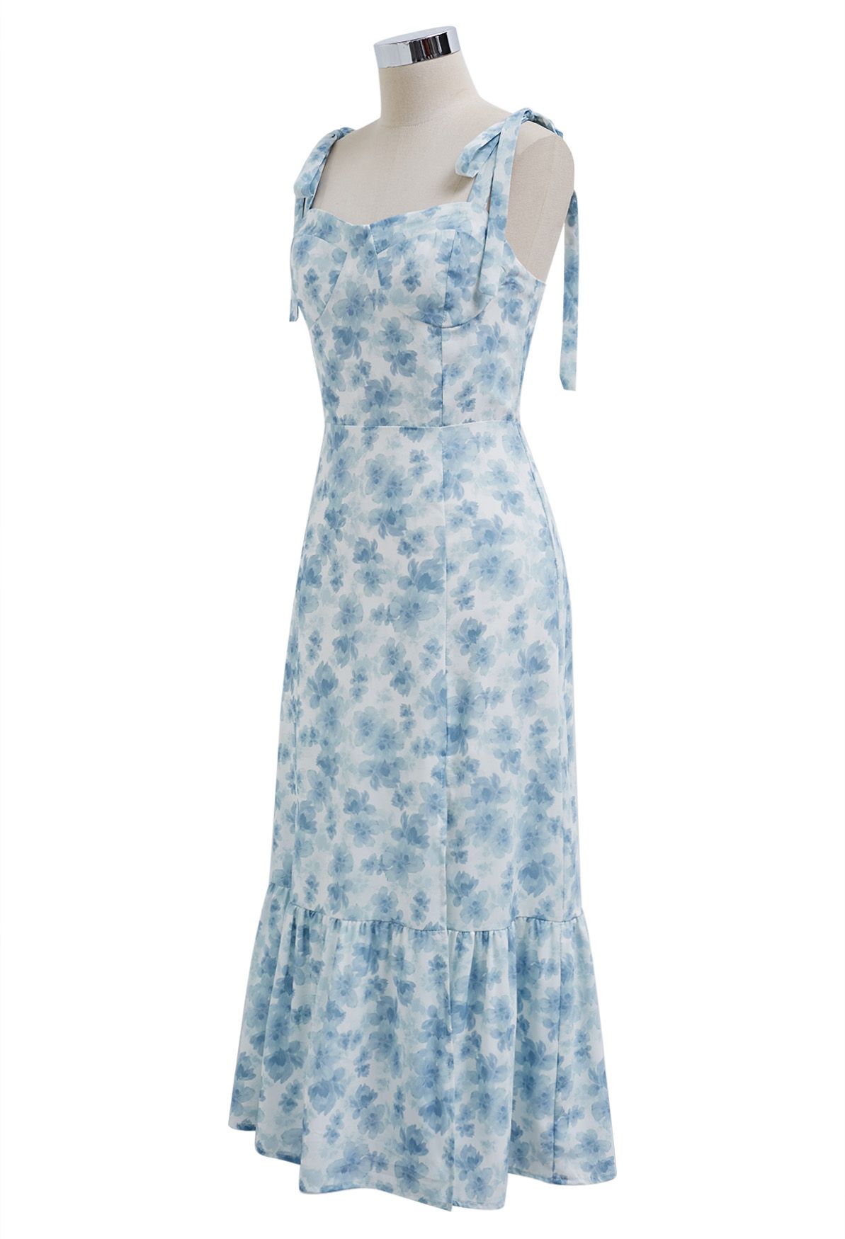 Floral Tie-Shoulder Split Midi Dress in Blue