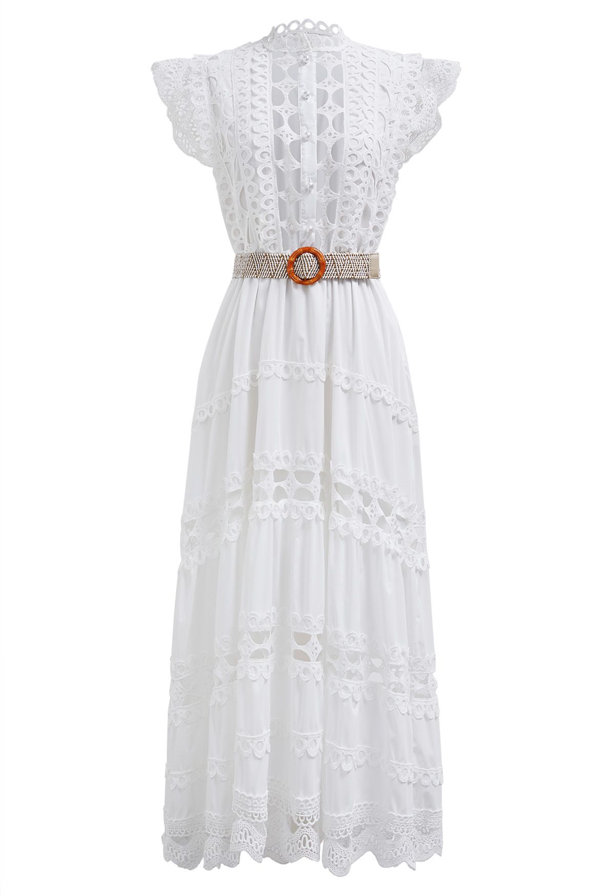 Belted Cutwork Pearly Sleeveless Maxi Dress in White