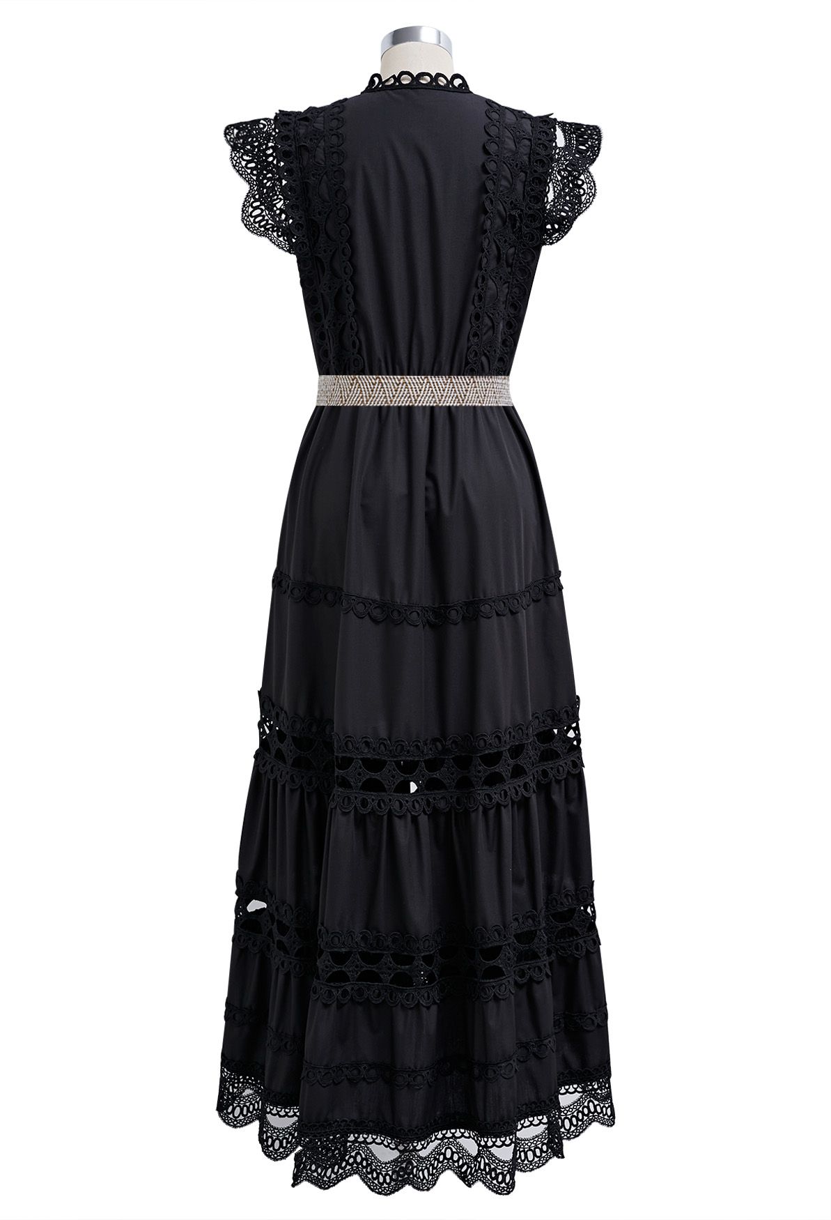 Belted Cutwork Pearly Sleeveless Maxi Dress in Black