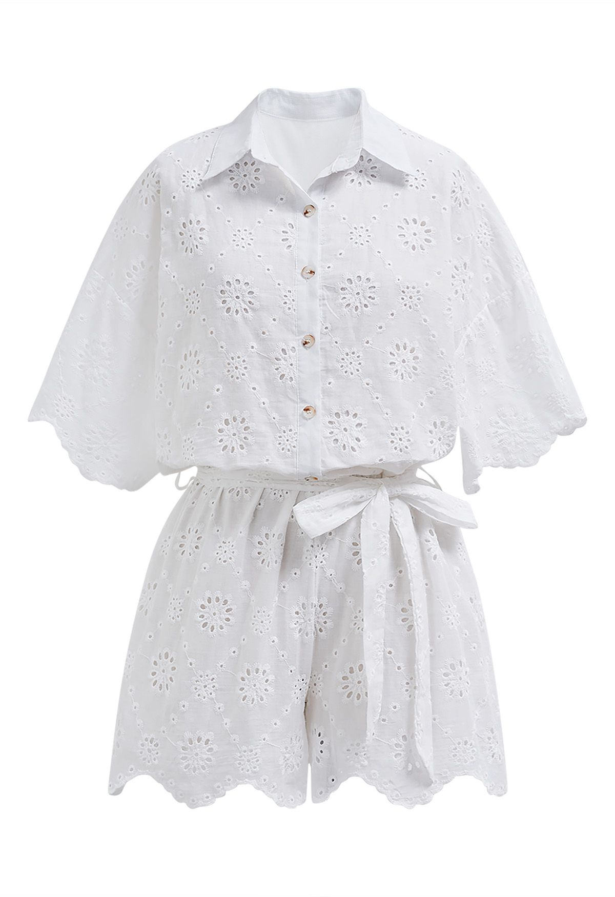 Floral Eyelet Embroidery Scalloped Edge Playsuit