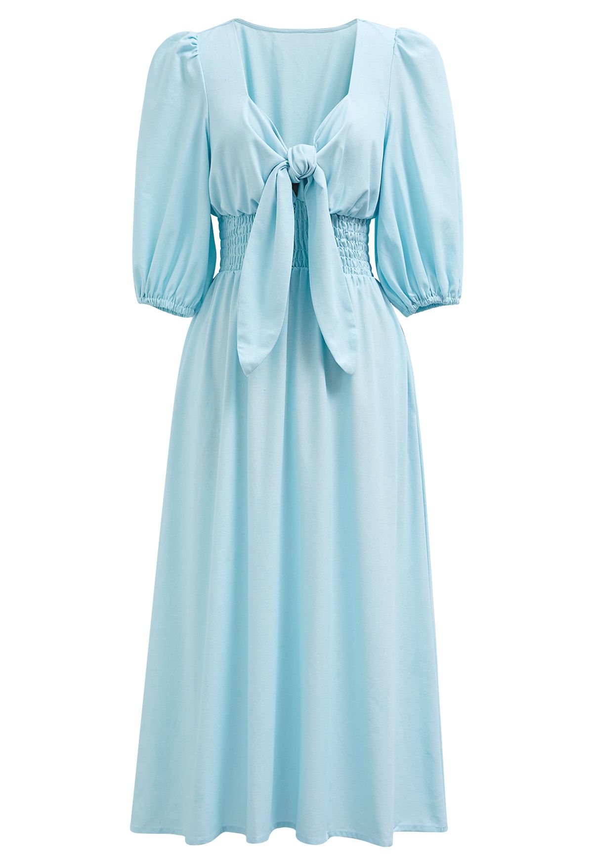 Self-Tie Knot Puff Sleeve Linen-Blend Dress