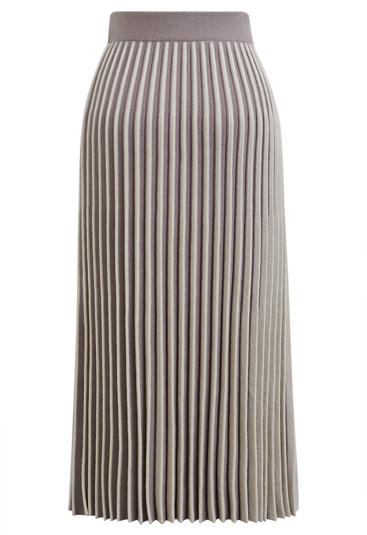 Belt Decorated Striped Pleated Knit Skirt in Taupe