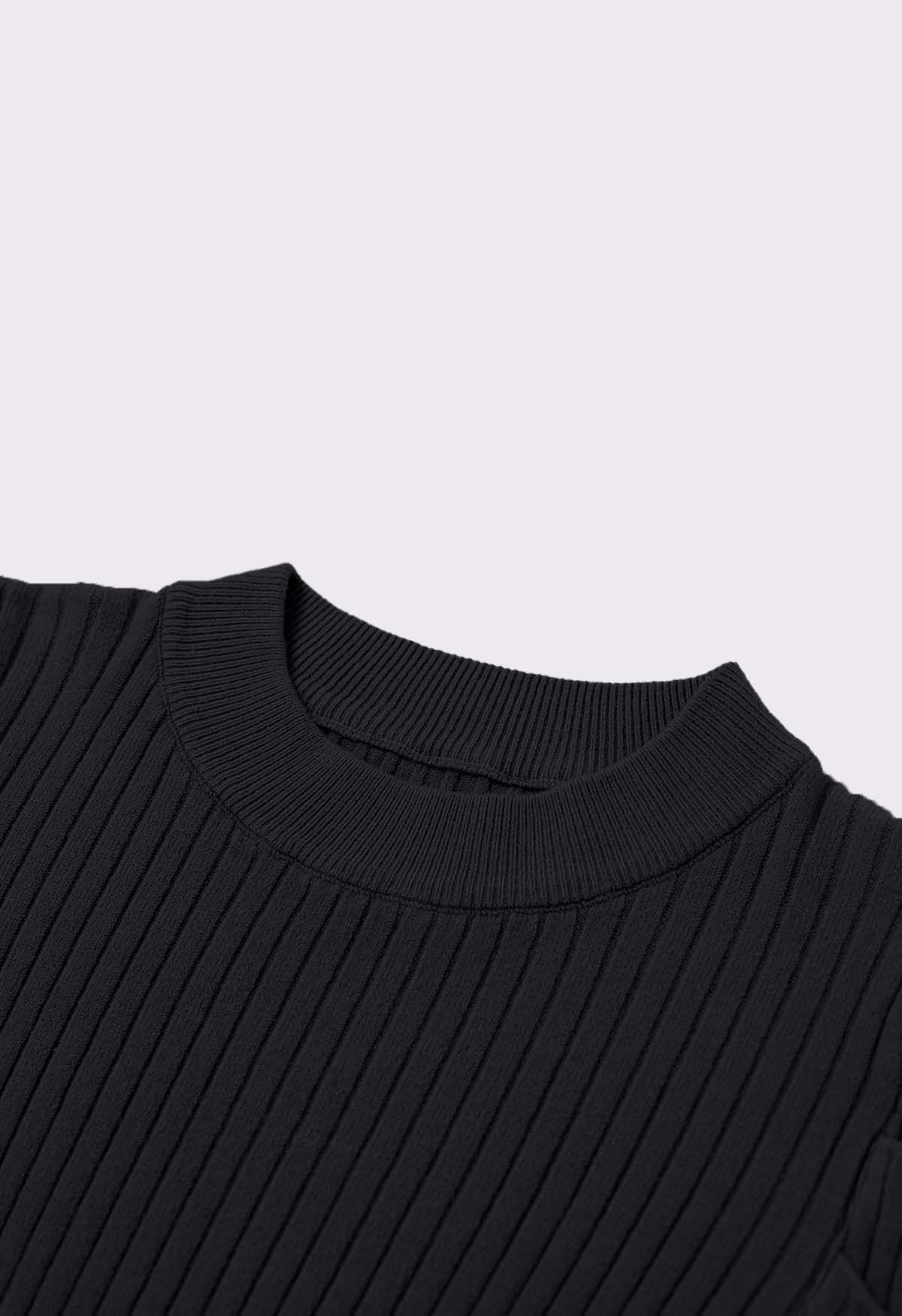 Modern Gigot Sleeves Rib Knit Top in Black