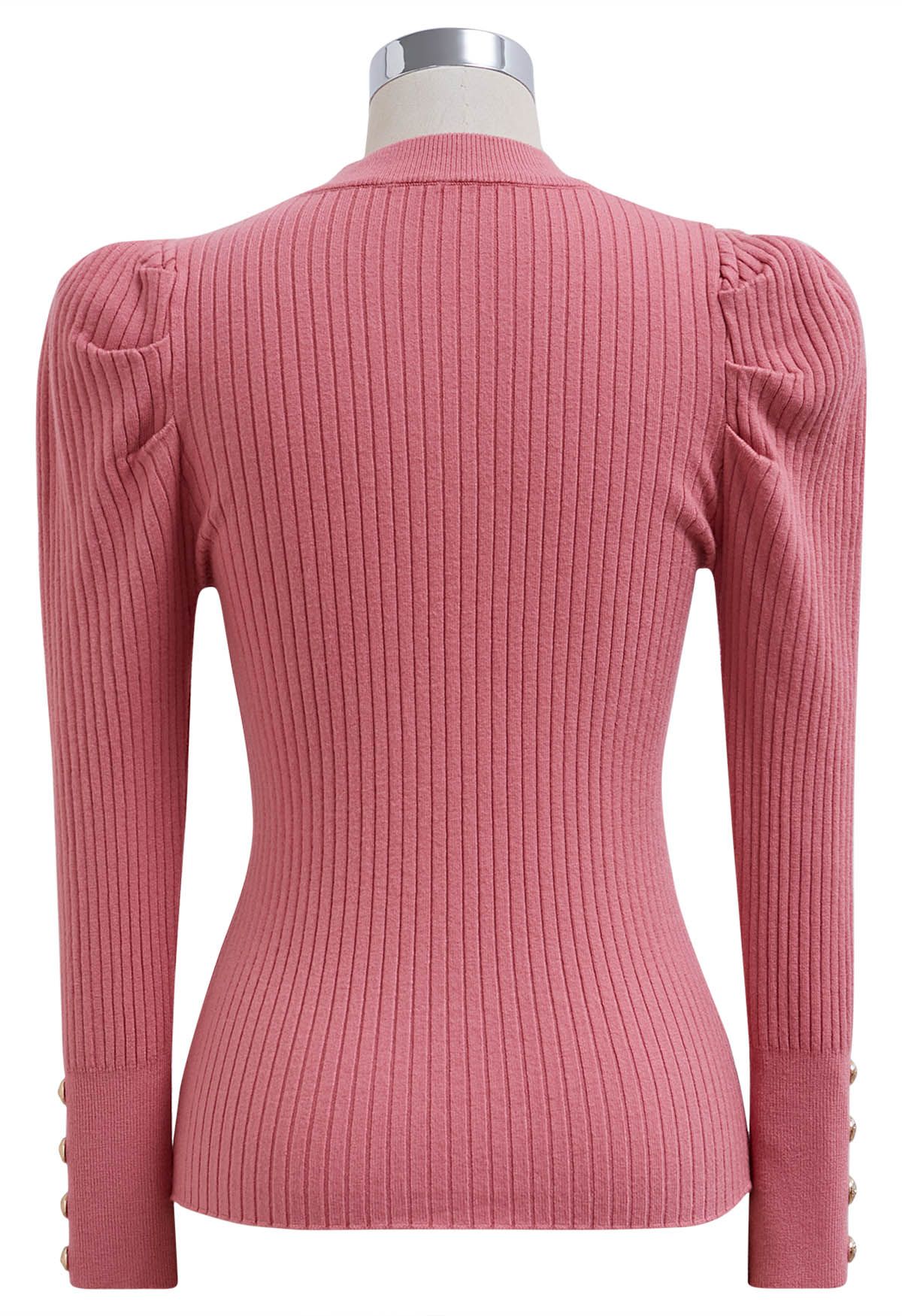 Modern Gigot Sleeves Rib Knit Top in Pink
