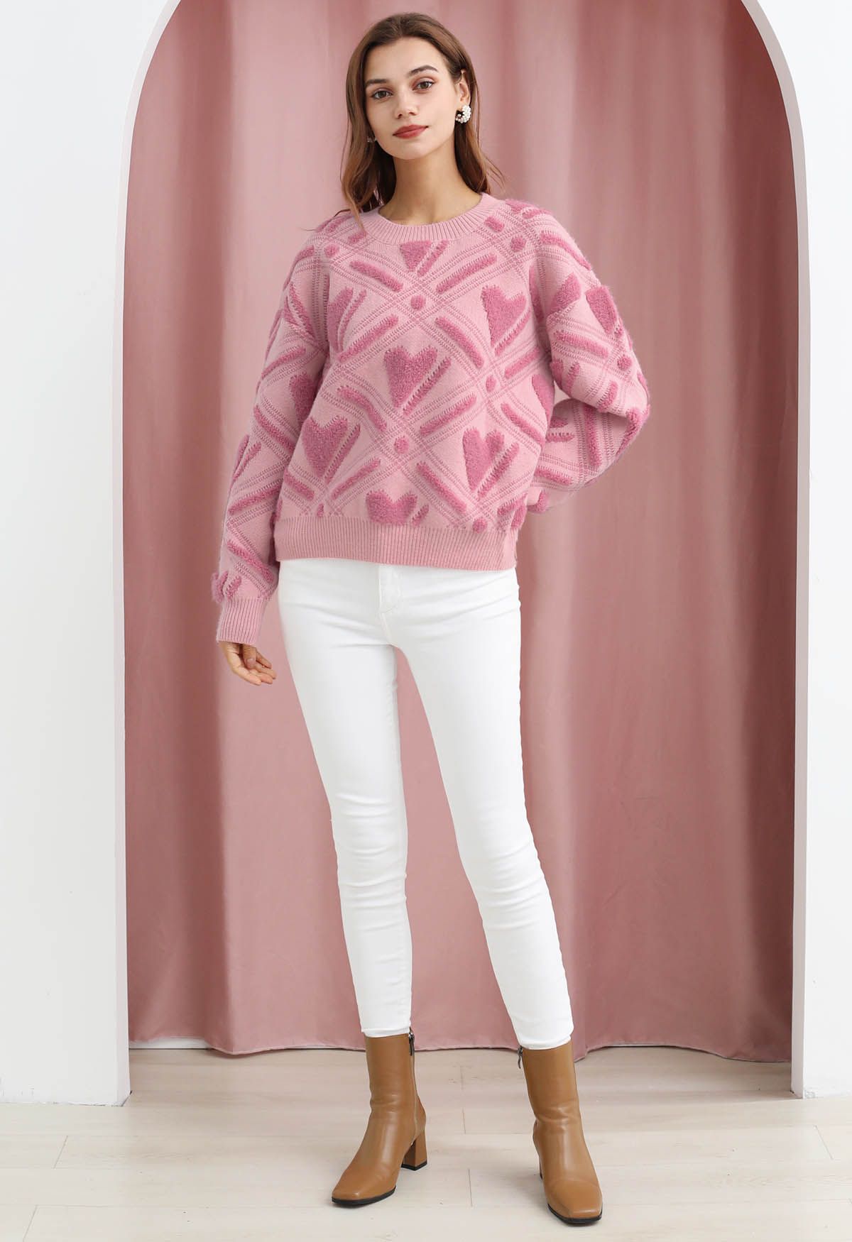 Blushing Love Fuzzy Pink Heart Knit Sweater