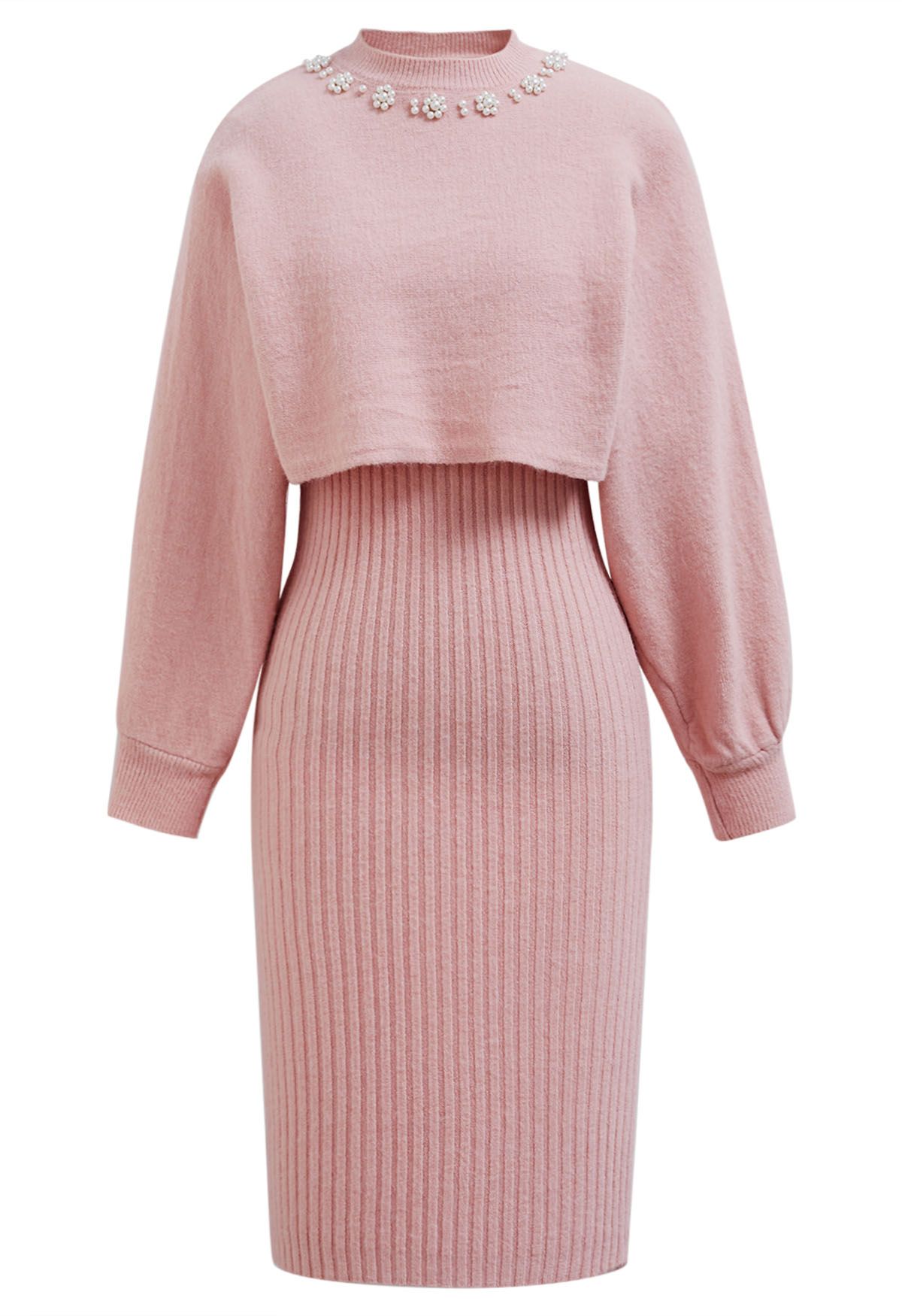 Pearl Neckline Ribbed Knit Twinset Dress in Pink