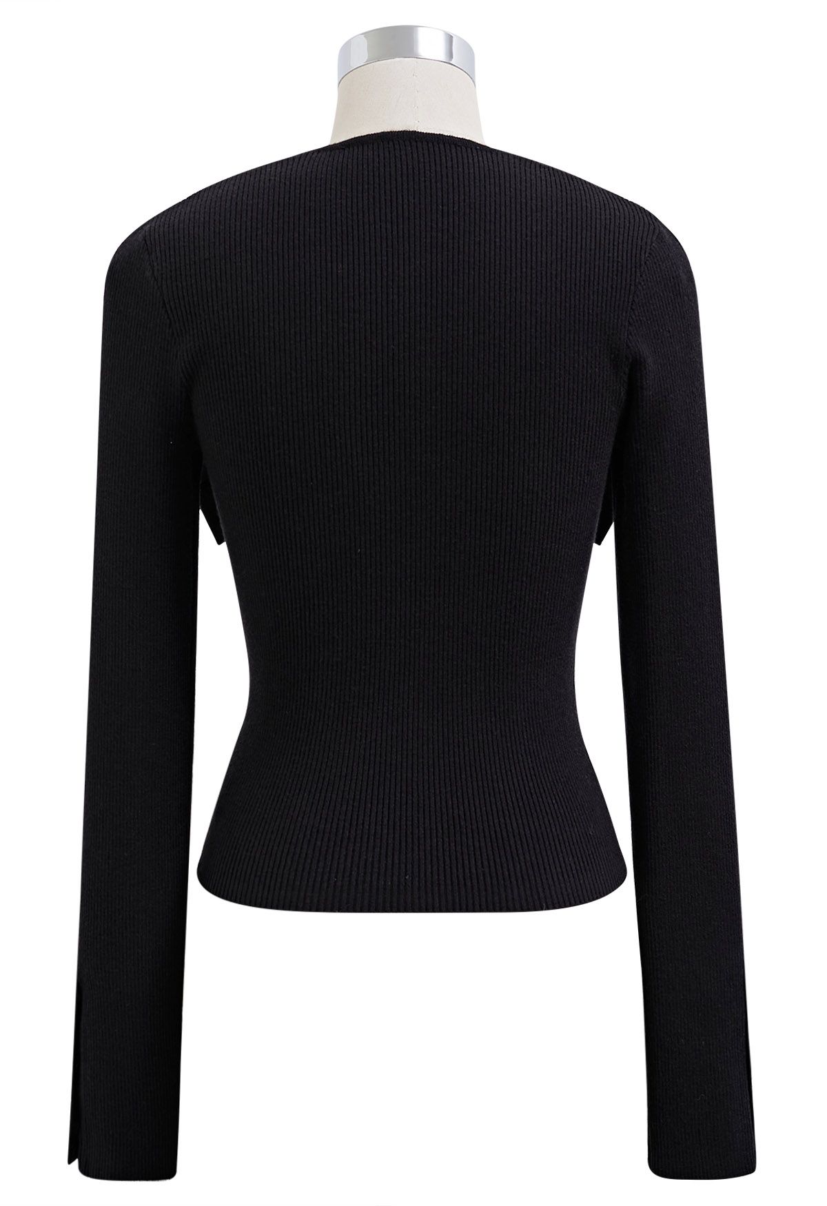 Bowknot Neckline Fitted Knit Top in Black