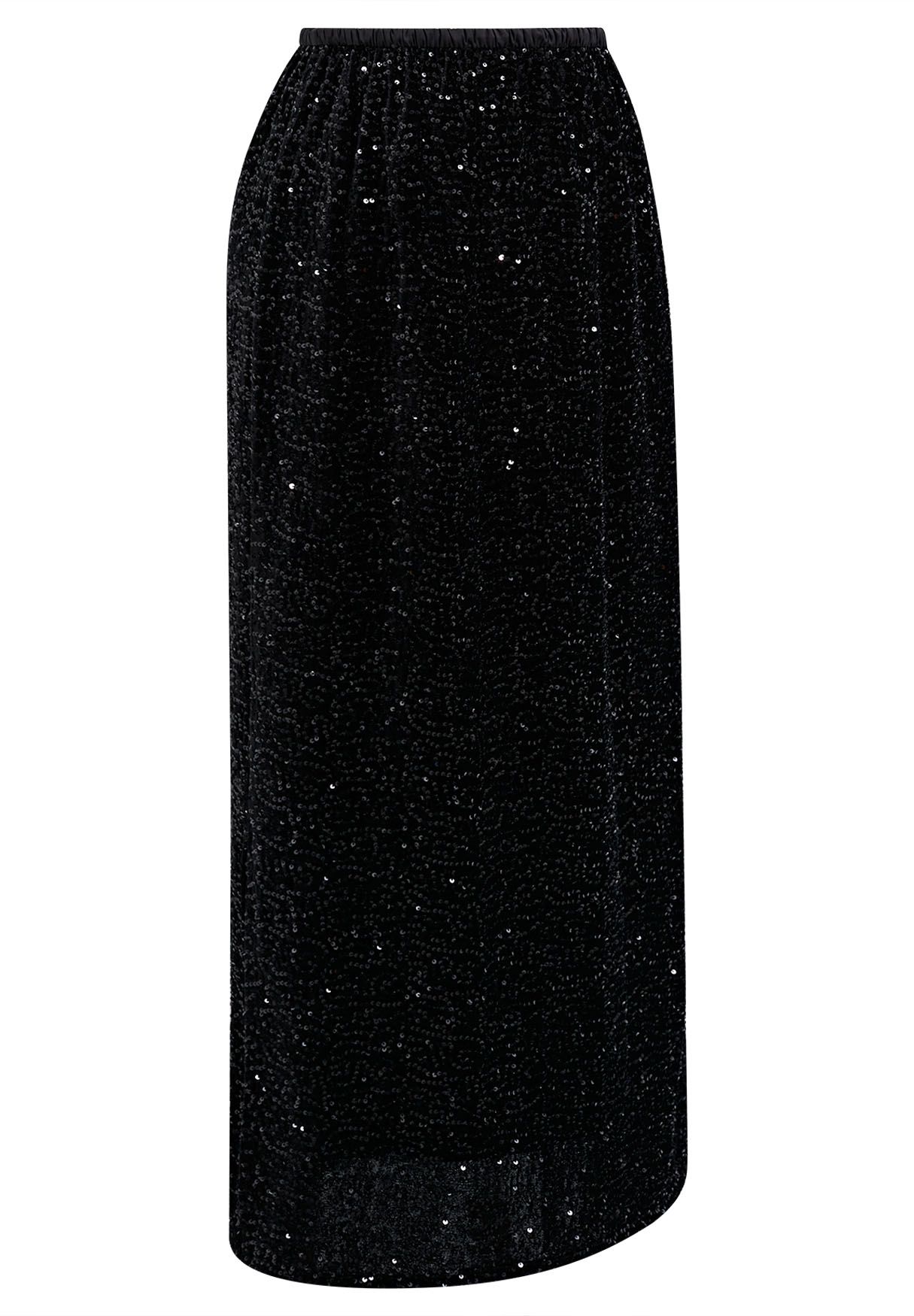 Sequin Adorned Velvet Pencil Skirt in Black
