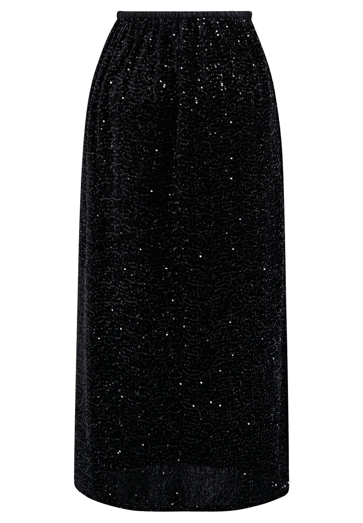 Sequin Adorned Velvet Pencil Skirt in Black