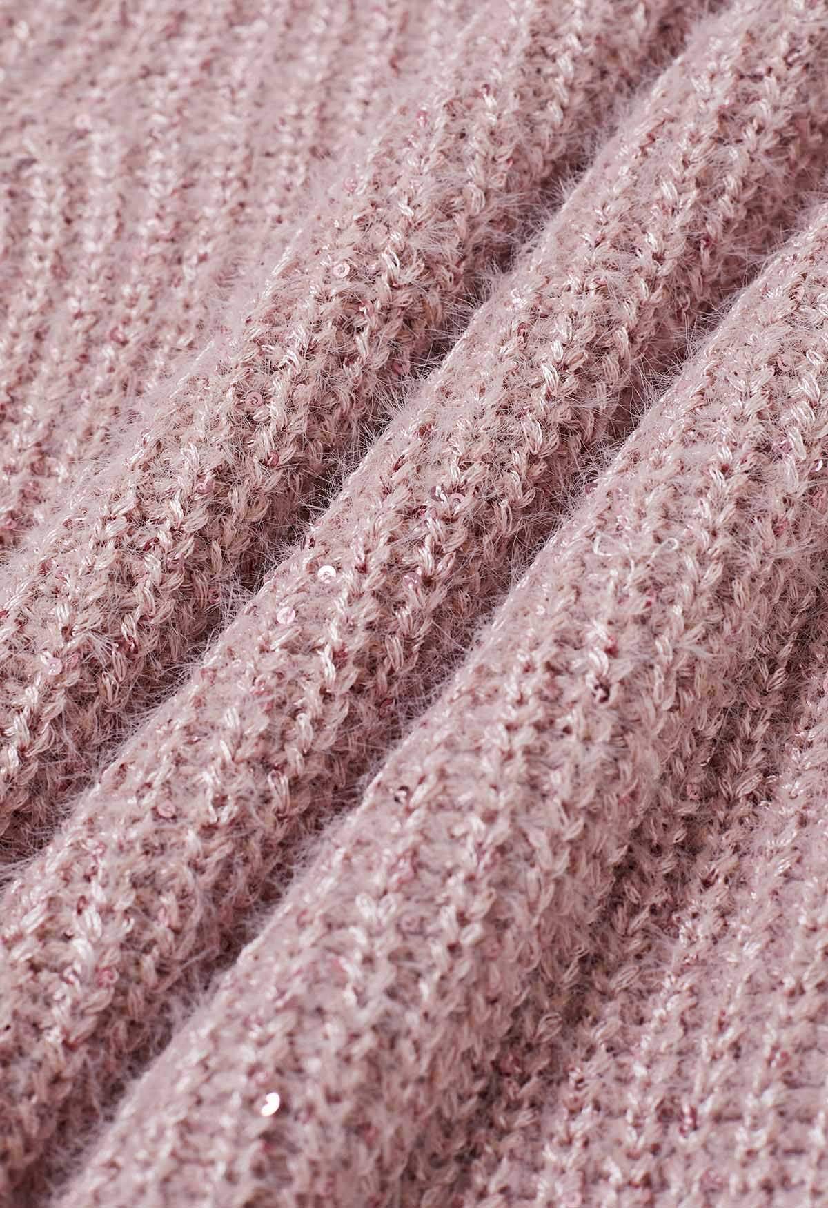 Sequin Fuzzy Short Sleeve Sweater in Pink