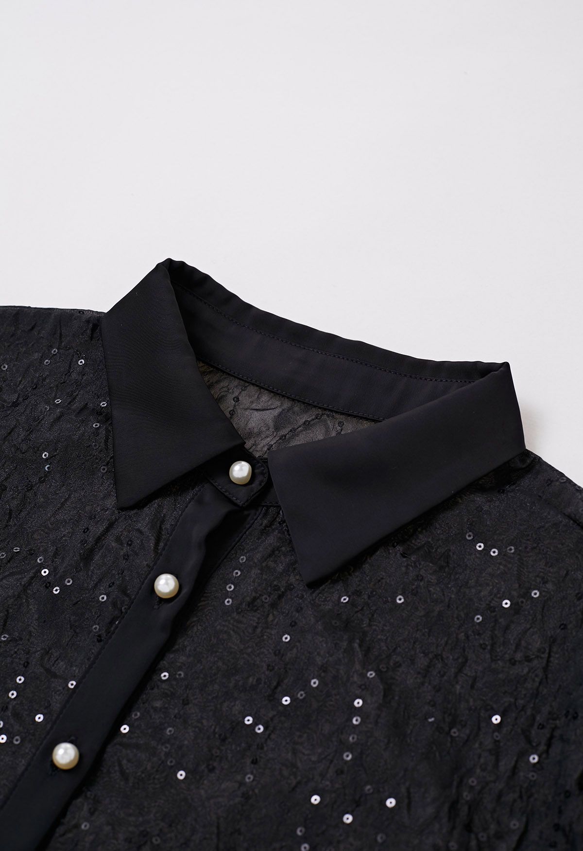 Floral Mesh Sequin Buttoned Shirt in Black