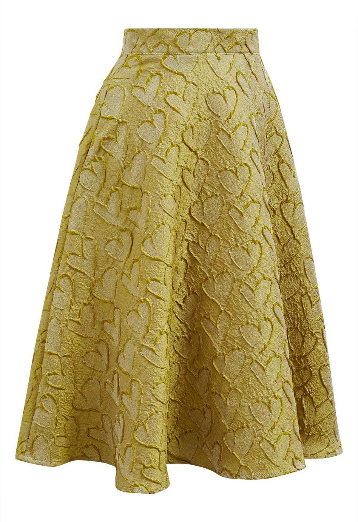 Pastel Heart Texture Flare Skirt in Yellow