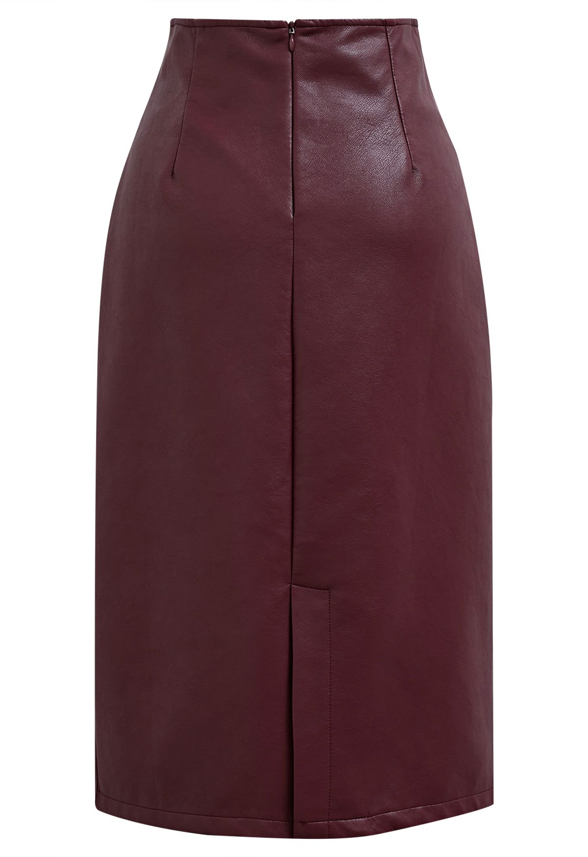 Notch Waistline Faux Leather Midi Skirt in Burgundy