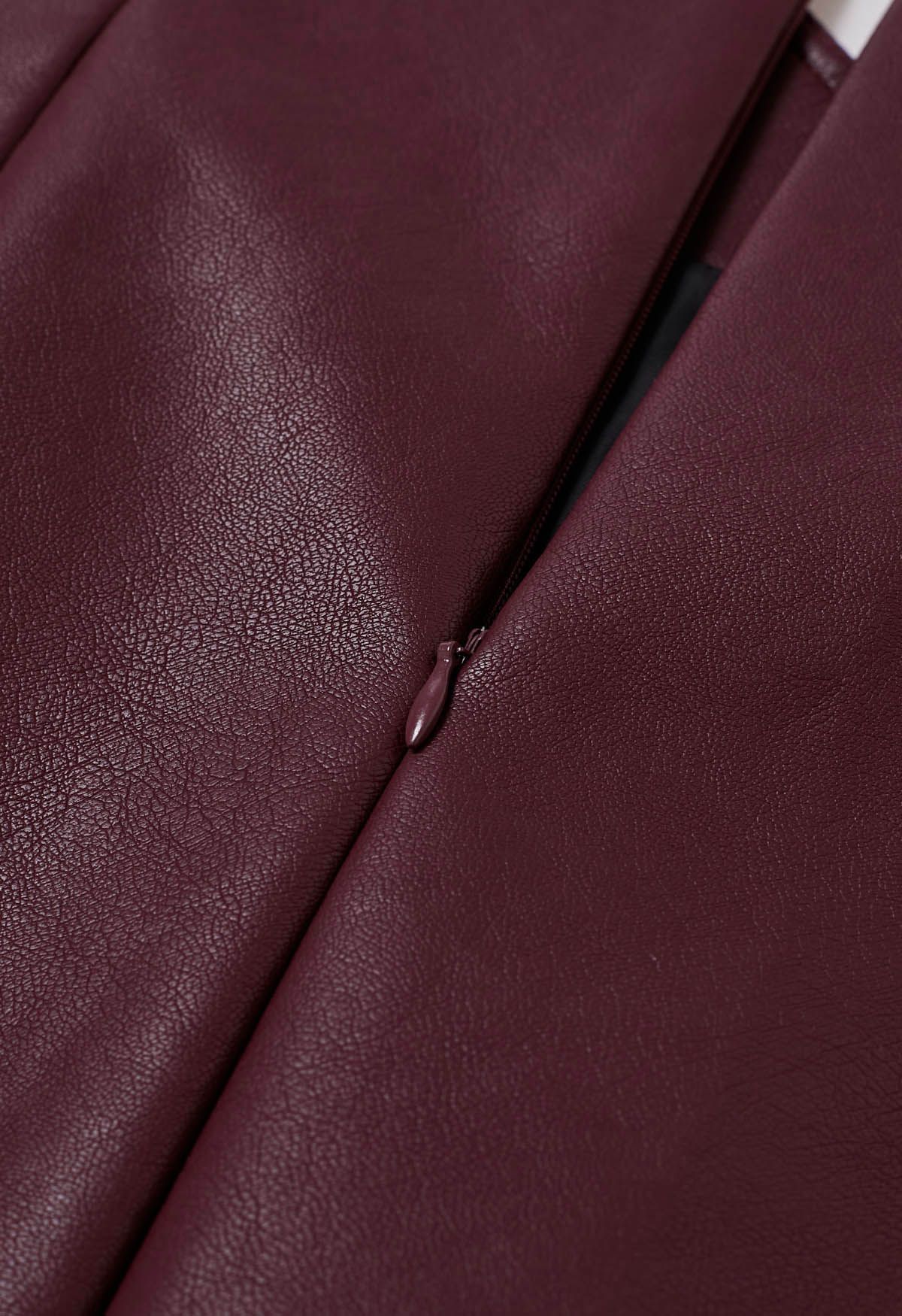 Notch Waistline Faux Leather Midi Skirt in Burgundy