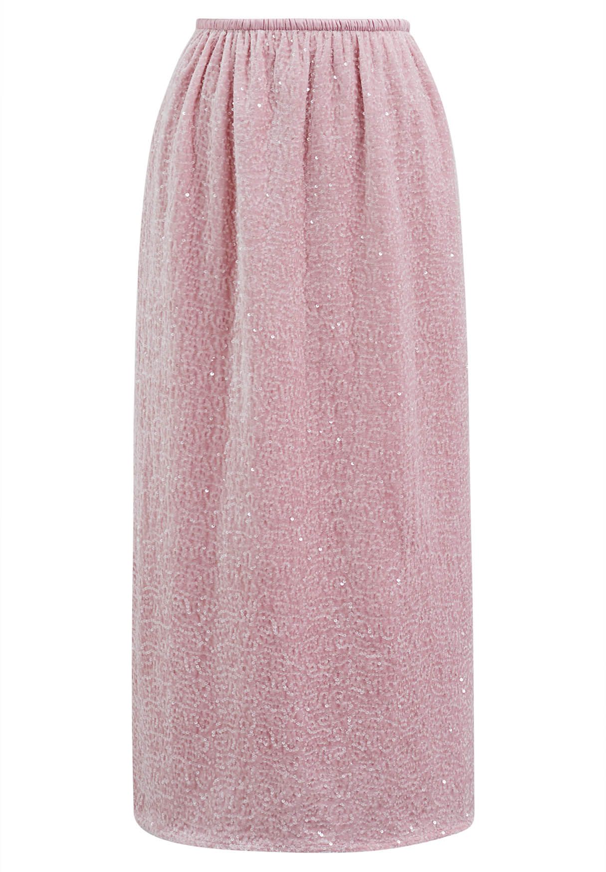 Sequin Adorned Velvet Pencil Skirt in Pink