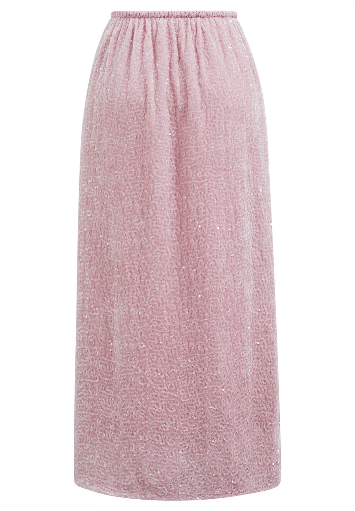 Sequin Adorned Velvet Pencil Skirt in Pink