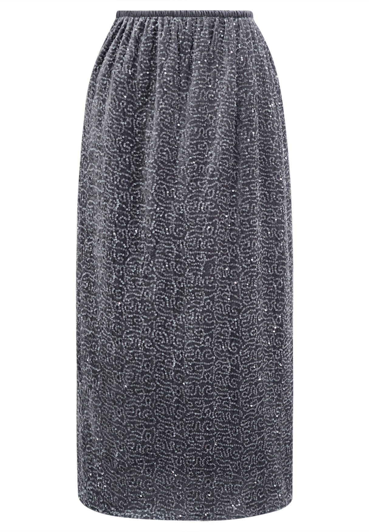 Sequin Adorned Velvet Pencil Skirt in Grey