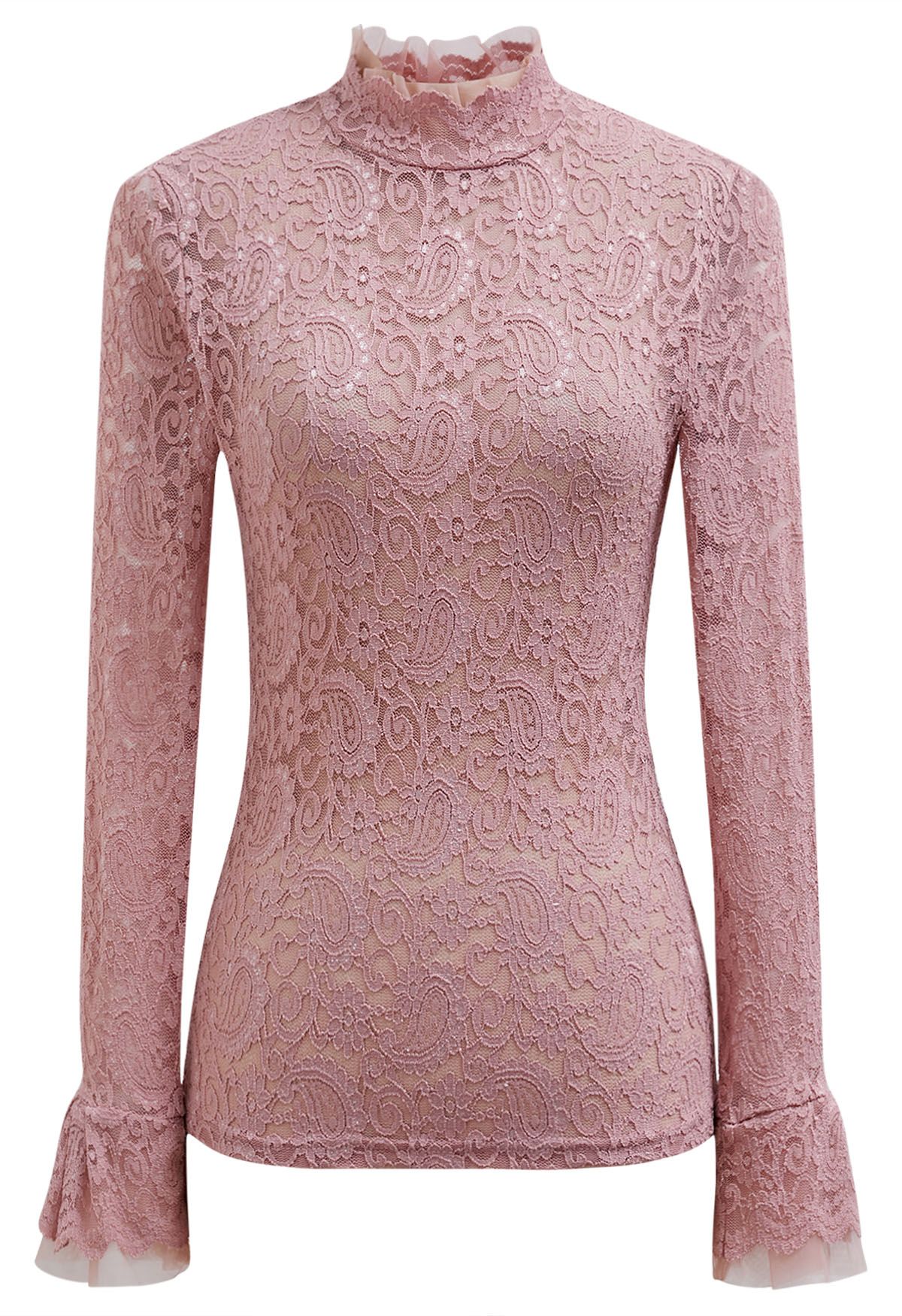 Paisley Full Lace Mesh Inserted Top in Pink