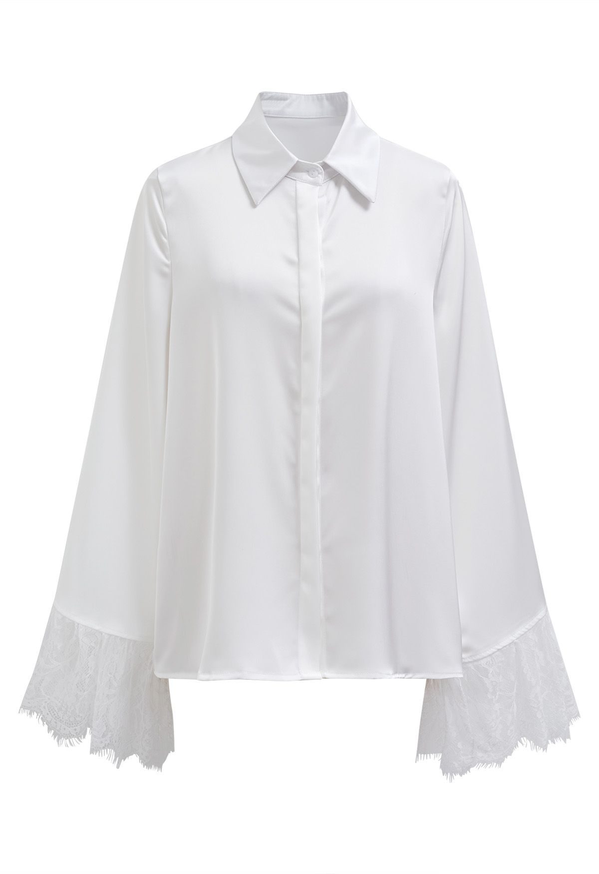 Lace Cuff Bell-Sleeve Satin Shirt in White