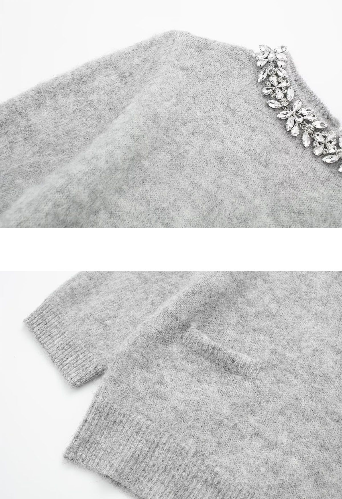 Rhinestone Neckline Front Pocket Knit Sweater