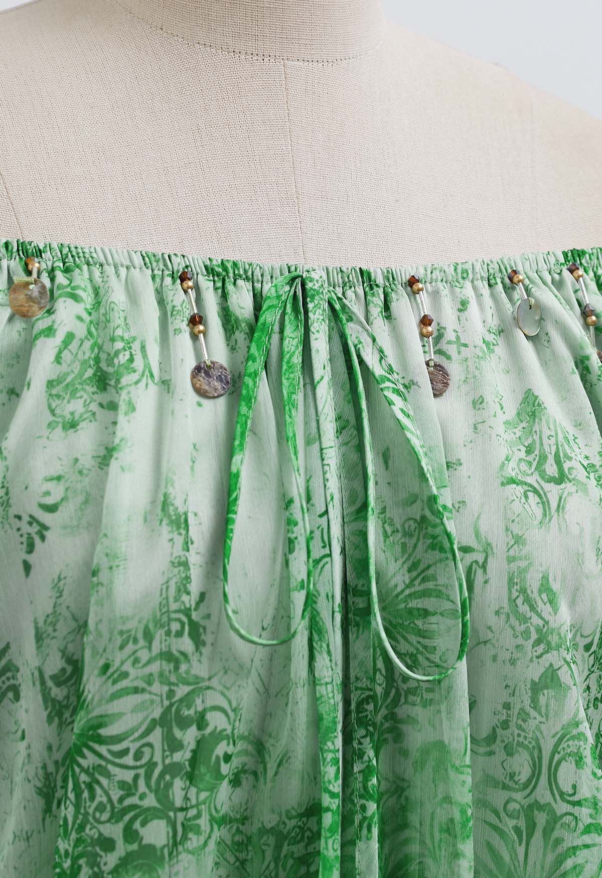 Vintage Baroque Off-Shoulder Chiffon Maxi Dress in Green