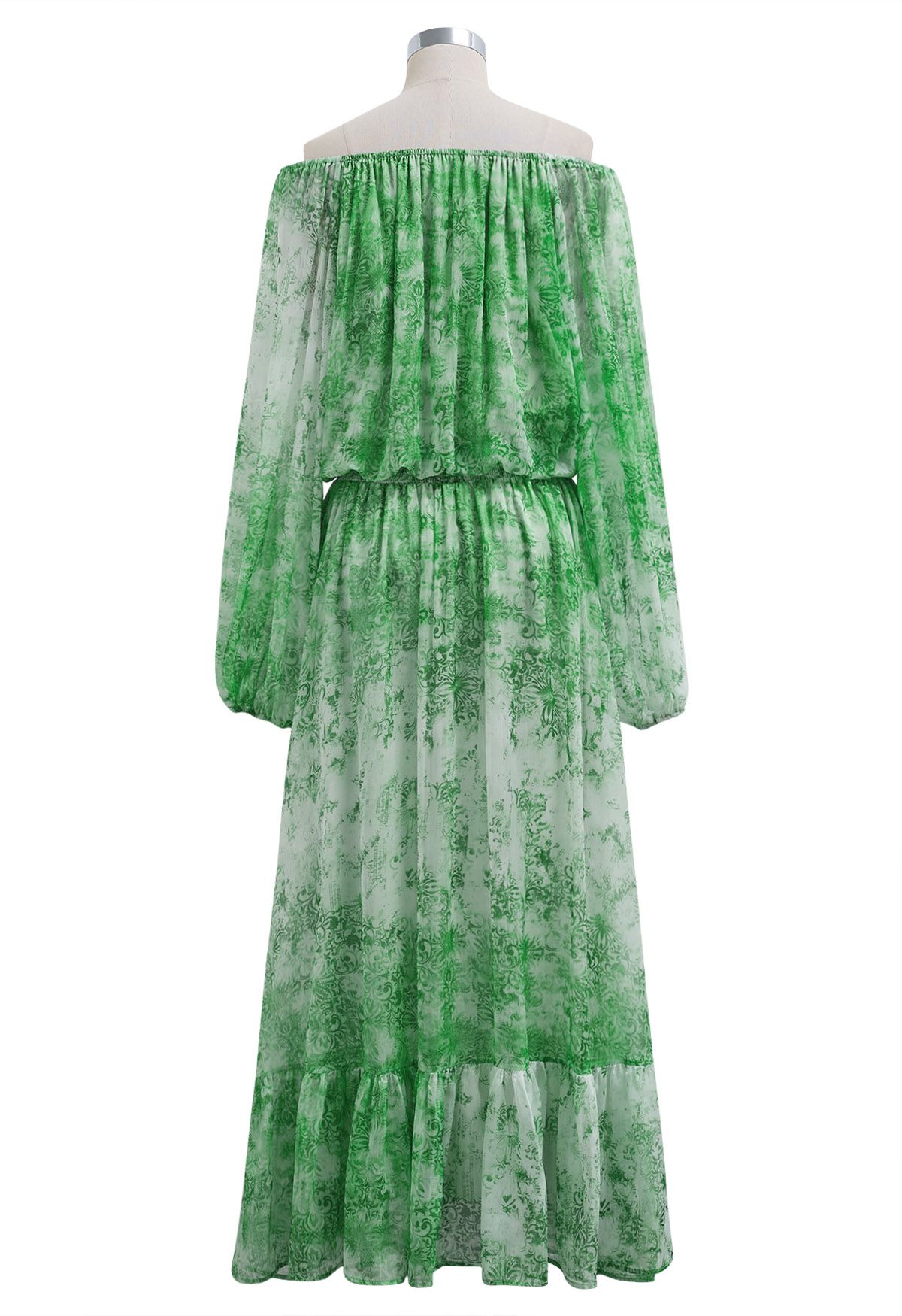 Vintage Baroque Off-Shoulder Chiffon Maxi Dress in Green