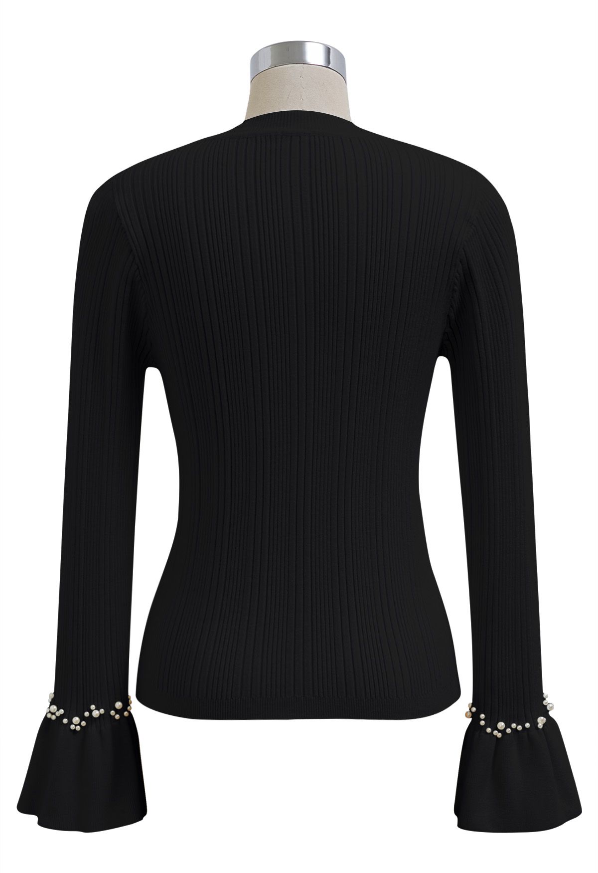 Pearl Adorned Flare Cuffs Ribbed Knit Top in Black
