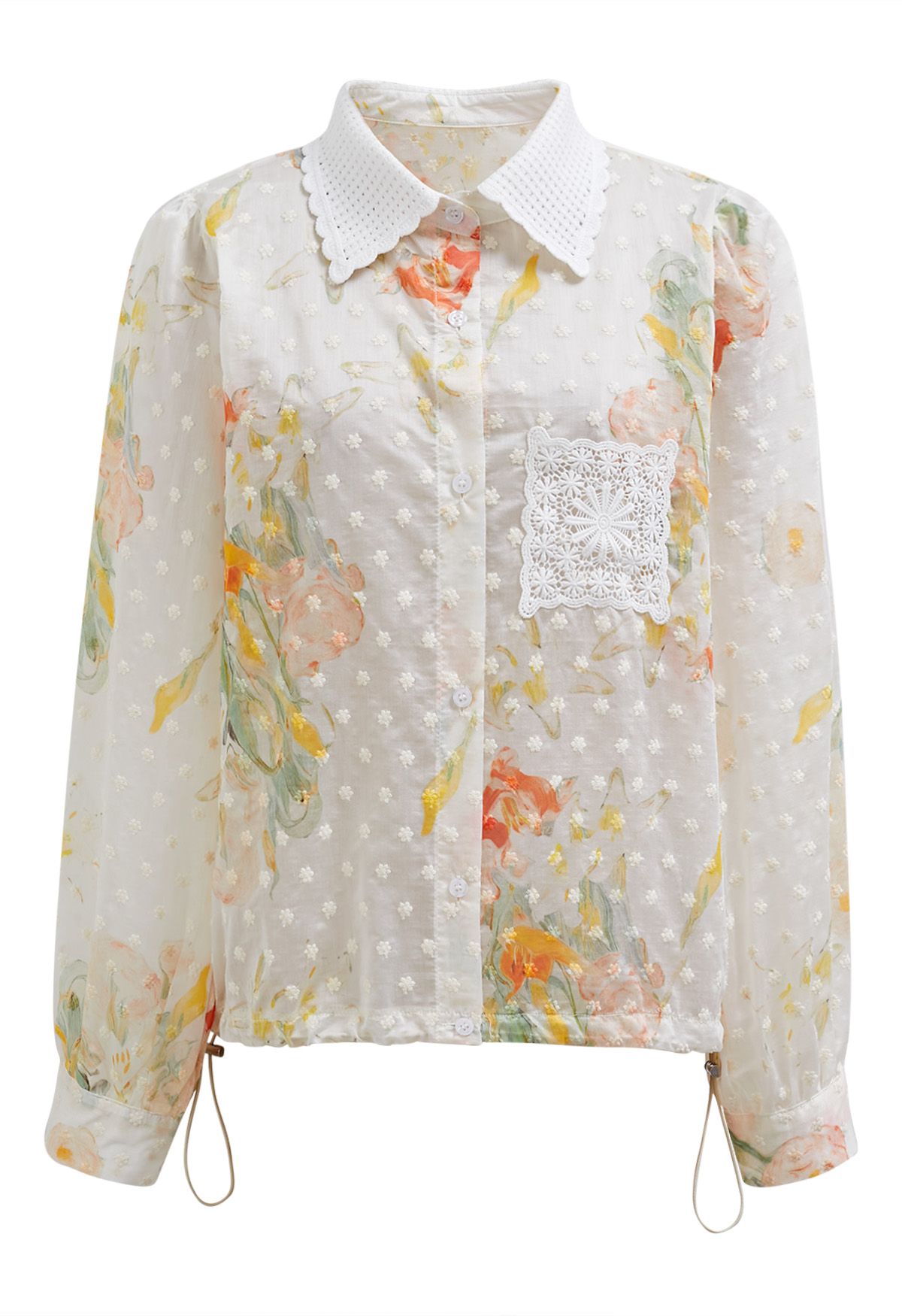 Lace Cutwork Pocket Embroidered Drawstring Shirt in Floral