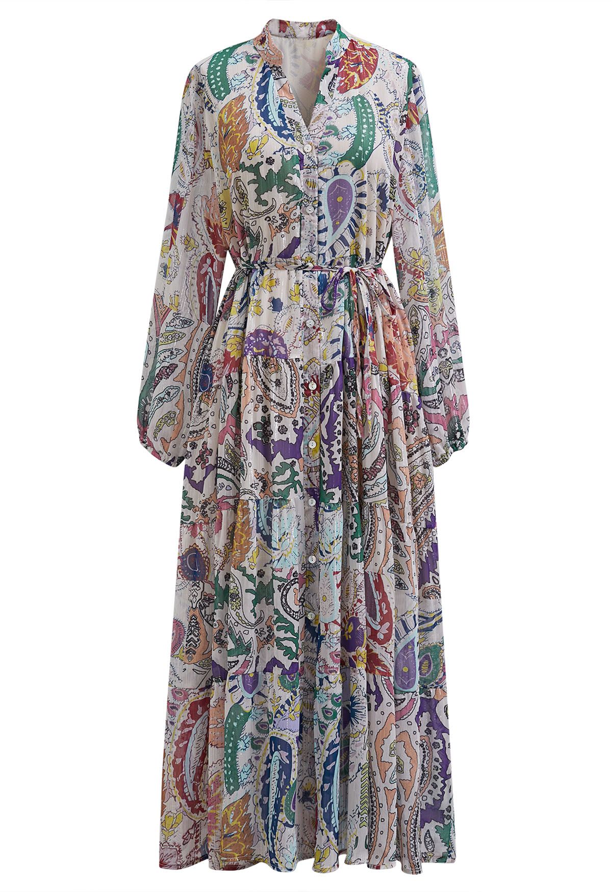 Spring Melody Paisley Metallic Chiffon Midi Dress