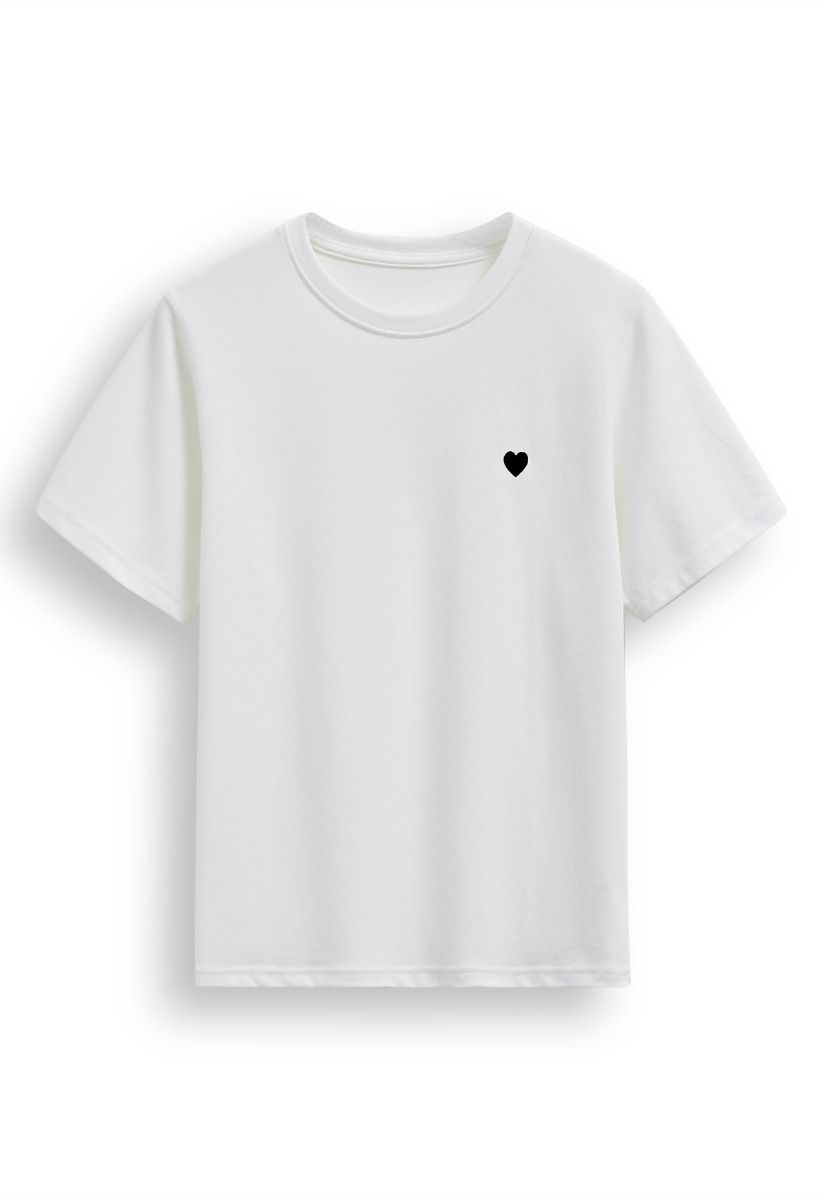 Cute Embroidered Heart Pattern T-Shirt in White